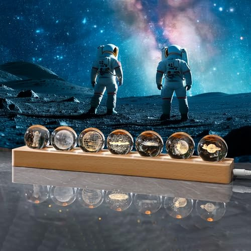 7 Pcs 3D Solar System Planet Crystal Ball Night Light LED Wood Base Decor | 3D Solar System Planet Crystal Ball Night Light Set of 7 with LED Wooden Base for Home Table Birthday Party Decor