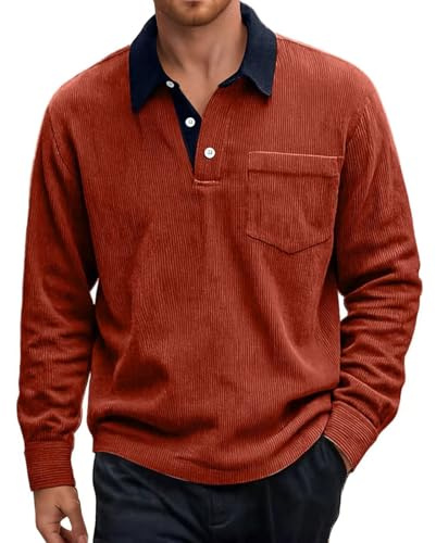 Generisch Jersey para hombre Corduroy con bolsillo en el pecho, suéter de invierno con botones, cuello alto, patchwork, manga larga, suéter de ocio, pana cómodo, RD1., XXL