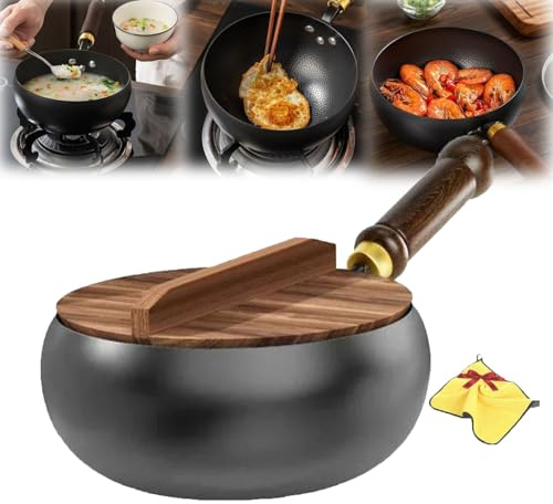 Cast Iron Skillet, Cast Iron Wok With Lid, Hand-Forged Non-Stick Without Coating, For Frying, Braising, Stewing (Wooden lid, 28cm)
