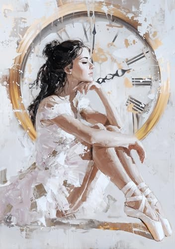 STYLER Leinwandbild Dreaming 70 x 100 cm – Canvas-Handpainting mit Ballerina-Motiv – Elegante Kunst in Weiß und Gold – Sensual Serenity Kollektion – Modern Classic Wandbild Deko