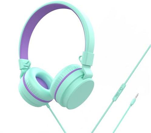 Barnhörlurar, on-ear trådbundna hörlurar för skolan, säker volym begränsad 85/94 dB, HD mikrofon stereoljud flickor pojkar trådbundna hörlurar för barn, vikbart headset för resor dator plan Kindle