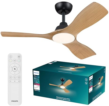 Philips Olas Takfläkt med Belysning, LED-lampa, 3 Blad, 107 cm Diameter, 2 650 Lumen, Reglerbart Vitt Ljus från 3 000 K till 6 500 K, Dimbar till 5%, Fjärrkontroll Ingår, Svart/Trä