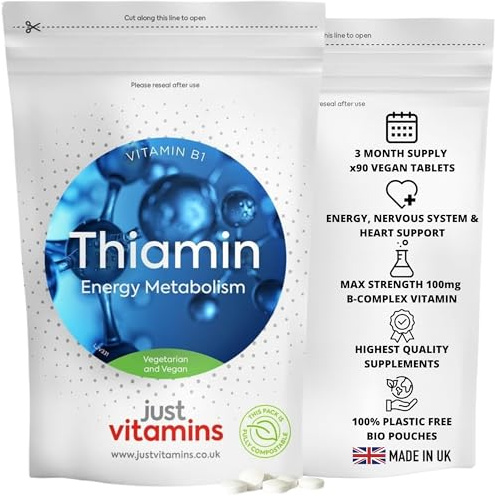 Thiamin (Vitamin B1) 100mg | 90 Tablets | Energy, Nervous System & Heart Support | High Strength B-Complex Vitamin | Vegan Friendly | UK Made - Just Vitamins