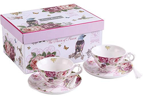 London Boutique Set di 2 Tazze da caffè e piattino, in Porcellana, Stile Vintage Flora, in Stile Shabby Chic, Colore: Rosa