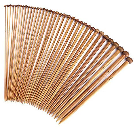 18 Pairs Bamboo Knitting Needle Set 18 Sizes 2-10 mm, Smaller and Larger, Length 35 cm, Single Pointed Knob Top, Comfortable Wooden Knitting Needles Feel Smooth Light for Knitter Beginner
