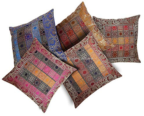 Stylo Culture Indio Fundas Almohadones Decorativa 40x40 cm Brocado De Seda Geométrico Fundas De Cojines Sofa Multicolor 16x16 Inch Jacquard Cuadrado Cremallera Funda Cojin Silla - 5 Pcs