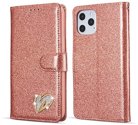 QLTYPRI Compatible with iPhone 12/iPhone 12 Pro Case, Glitter PU Leather TPU Bumper Card Holder Wrist Strap Wallet Case with Inlaid Heart Diamond Shockproof Flip Phone Cover - Rose Gold