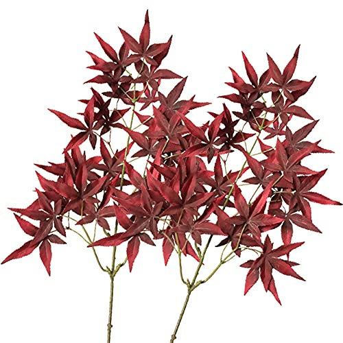 HAOSHICS 2 rami foglie d'acero artificiali, fasci cespugli finti per casa, cucina, giardino, ufficio, hotel, matrimoni, festival, decorazione (rosso vinaccio)