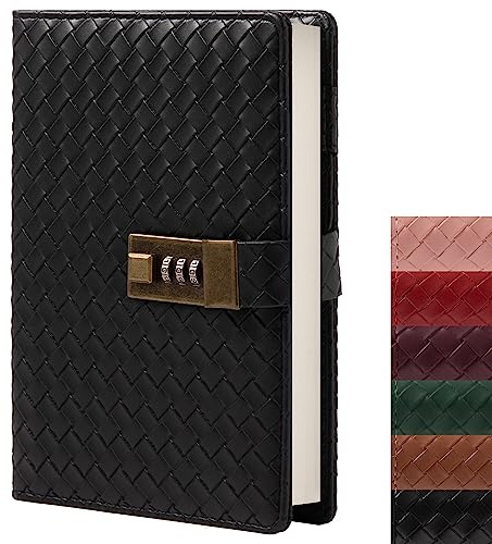Quaderno in pelle B6 con lucchetto a combinazione, carta da viaggio ricaricabile a righe a righe, diario regalo con password segreta per donne ragazze ragazzi (nero)