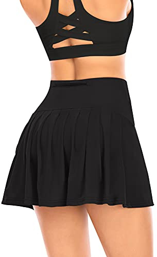 Damen Plissierter Tennisrock mit Hose Faltenrock Kurz Hosenrock Tennis Golf Sport Workout Running Rock Sommerrock Minirock (Schwarz, S)