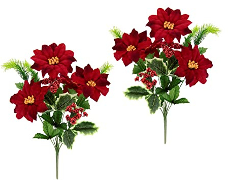 Weihnachtliches Bouquet aus Weihnachtsstern Poinsettia Adventsstern künstlich Christstern Strauß Weihnachtsdeko Blumen Kunstblume Weihnachtsblume Blumendeko Mittelstücke Seidenblumen Dekoblume