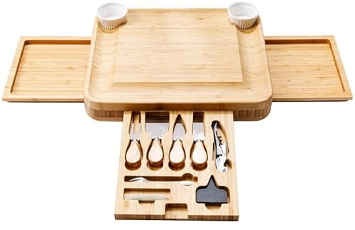 Générique Assiette à Fromage en Bois avec tiroir Coulissant Plateau à Fromage en Bambou et Couteau Charcuterie Vin Viande Plateau à Fromage Couverts Cutter Set
