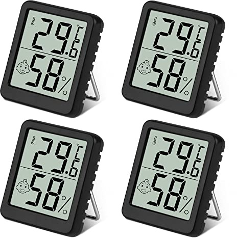 flintronic Termometro Ambiente Interno con Supporto, 4Pezzi Igrometro Digitale con Livello di Comfort, Mini Accurato Monitor Temperatura e Umidità, Termometro Ambiente Interno per Camera Ufficio,Nero