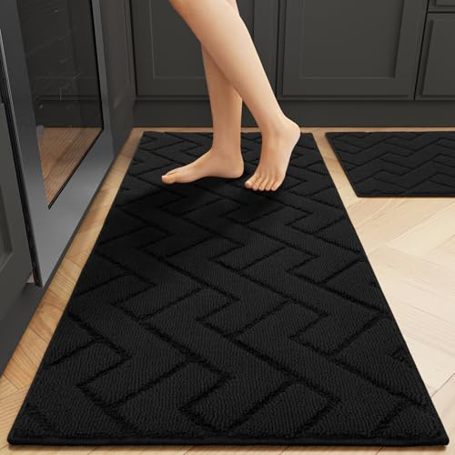hicorfe Kitchen Runner Rugs and Mats Sets,2 Pieces Absorbent Non-Slip Kitchen Rug,Comfort Kitchen Mat for Floor,Washable for Kitchen,Hallway,Office,Sink,Laundry(20x48+20x32,Black)