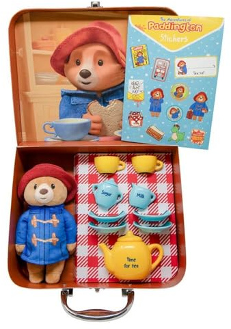 Rainbow Designs Paddington Bear's Toy Tea Set - 9-Piece Children's Tea Set with Teapot, Cups, Saucers & Sugar Pot - Features Cuddling Soft Toy, Reusable Suitcase & Sticker Sheet