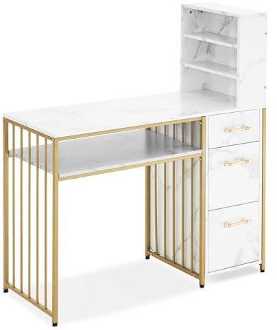 M MCombo Schreibtisch mit 3 Schubladen, Nageltisch aus Holz Metallgestell, Manikürtisch, Schminktisch ohne Spiegel Modern, Computertisch mit Regal Wohnzimmer, 43x108x125cm, 2420