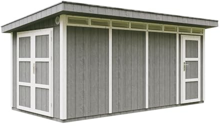 Gartenhaus Premium Qualität 8.52+2.95 m² - L279xW530cm -All-Inclusive-Set mit Boden, Bitumen-Dachziegeln, Farbset- Hochwertiger Geräteschuppen aus Holzwerkstoffplatten LP Smartside - Cavern Steel