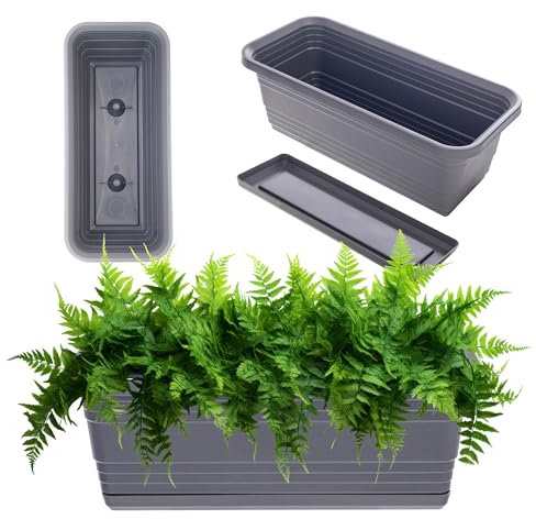 KADAX Blumenkasten mit Untersetzer im Set, mit oder ohne Blumenkastenhalterungen, Balkontopf aus Kunststoff, Pflanz-Kasten, Geländerkasten, Blumentopf (Anthrazit, 40cm)