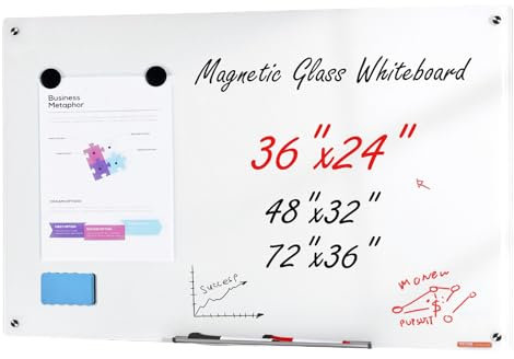 VEVOR Magnetisches Glas-Whiteboard, Wandtafel Trocken Abwischbare Tafel 90 x 60 cm, Wandmontiertes Weißes Glasboard ohne Rahmen, mit Stiftablage, einem Radiergummi& 2 Stiften, Magnettafel Weiß