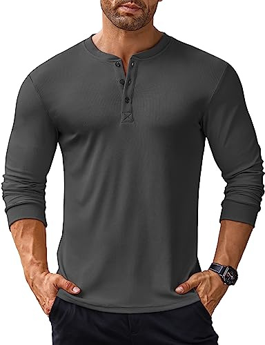 COOFANDY Hombres Básico Camisetas de Manga Larga Henley Camisetas Casual Camiseta con Botones Camisa Lisa Ligero Camisetas Camisa de Fondo Gris Oscuro M