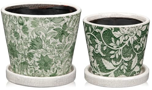 Oairse 2 stycken blomkrukor keramiska krukor runda suckulentkrukor med dräneringshål och underlägg liten keramisk växtkruka för suckulenter kaktus inomhus utomhus trädgård hem fönsterbräda