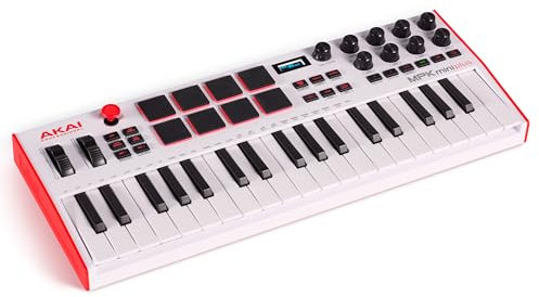 Akai Professional MPK Mini Plus - 37-Tasten USB MIDI Keyboard Controller mit 8 MPC Pads, Sequencer, MIDI/CV/Gate I/O, Musikproduktionssoftware und Native Instruments Sound Package, Farbe Weiß