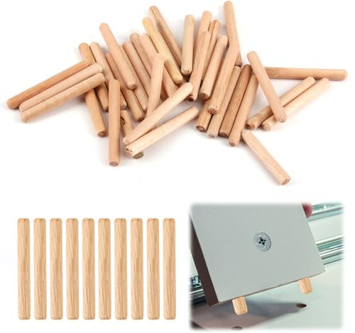 Brileze 50 Pcs Wooden Dowel Rods 6mm X 50mm - Cabinet Drawer Round Hardwood Pins for Furniture Woodwork DIY Craft - Fluted Grooved Plugs