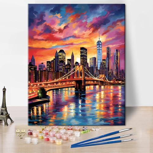 TISHIRON Målning efter siffror kit för vuxna stadsvy vuxna måla efter siffror kit Brooklyn Bridge vid solnedgång landskapsmålning konstmålningsset med penslar oljemålning hantverk