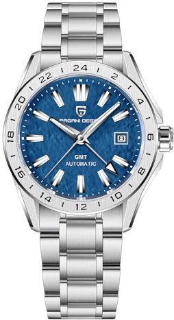 Pagrne Design Orologio automatico GMT da uomo Meccanico Vetro zaffiro Lunetta fissa 100 Metri Orologio sportivo da uomo luminoso in acciaio inossidabile impermeabile(Blu acciaio-4)