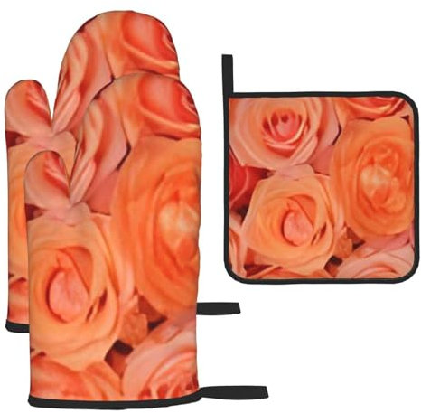 Set di 3 guanti da forno e presine – rosa arancione – guanti da forno a microonde isolati e guanti da cucina, set di guanti da forno antiscivolo con cuscinetti caldi, per cucinare, cuocere al forno,