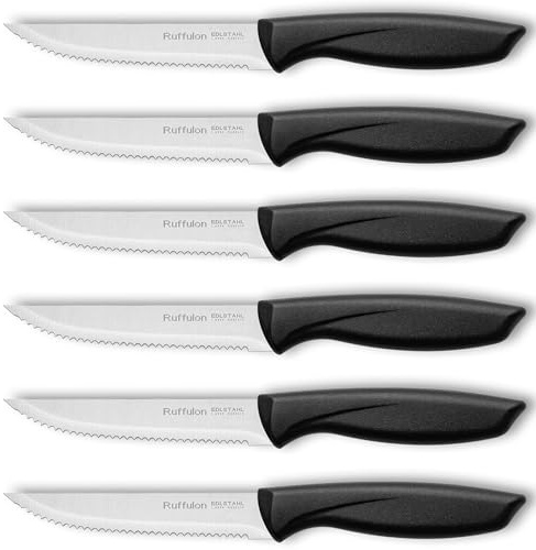 Ruffulon Steakmesser Set 6-teilig,Hochwertig Steakbesteck Messerset aus Edelstahl,Küchenmesser Set mit Polierte Wellenschliff,Scharfe Steak Messer Set,Silber Küchen-Steakmesser,Spülmaschinenfest
