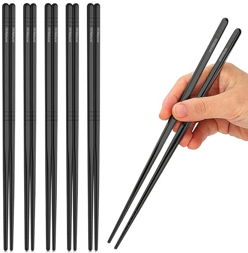 HI NATURE™ Lyxiga Ätpinnar Set – 5 Par Återanvändbara Ätpinnar i Rostfritt Stål – Koreanska Metall Ätpinnar – Halkfria – Diskmaskinssäkra – Svart