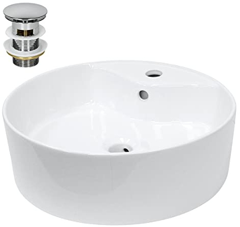 LuxeBath Waschbecken Keramik Weiß Ø 460x155 mm rund mit Ablaufgarnitur Silber, Aufsatzwaschbecken mit Überlauf, Aufsatzbecken Aufsatzwaschtisch Waschschale Waschplatz Handwaschbecken für Badezimmer