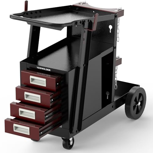 YESWELDER Welding Cart with 4 Drawers for MIG Welder TIG Welder and Plasma Cutter, Black&Red Version Heavy Duty Large Storage 360° Rolling Welding Trolley