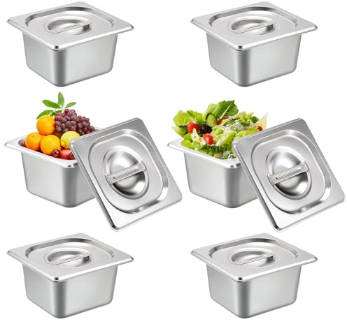 SUMNACON 6x1/6 Gastronormbehälter aus lebensmittelecht Edelstahl,Stapelbare Panierset mit Deckel,von -60° bis 400°C,Spülmaschinenfest Panierschalen für Schnitzel Fleisch Fisch Obst Eis Sauce 10cm hoch