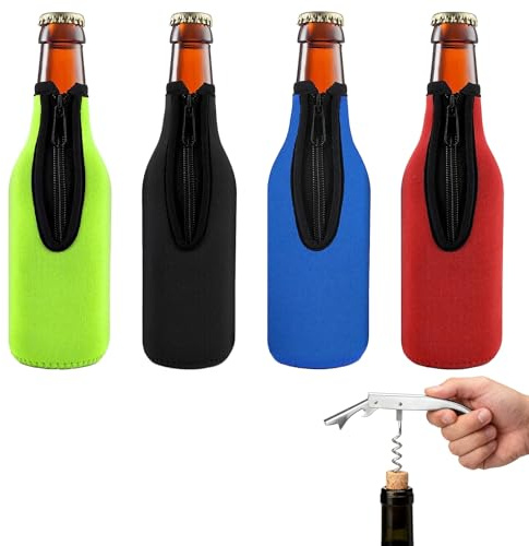 4Pcs Beer Bottle Cooler Sleeve, 12Oz/355ML Zip-up Bottle Jacket, Foldable, Reusable Beer Carrier, Neoprene Insulator Coolers