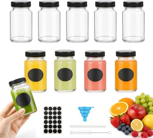 VINATO 10er Set Mini-Glasflaschen 60ml mit Deckel - Spülmaschinenfeste kleine Glasflaschen zum Befüllen, inkl. Trichter & Etiketten für Ingwer Shots, Aufbewahrung von Lebensmitteln, Mini-Gläser