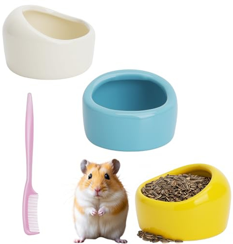 3 stycken trefärgade hamster skål hamster keramiska matskålar, små djur keramisk vattenskål för marsvin racingmöss papegojor fåglar med rengöringsborste