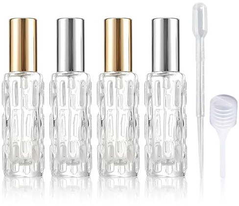 Embhlitfe Paquete de 4 atomizadores de perfume recargables de 10 ml, atomizador de perfume de viaje recargable, dispensador de fragancia portátil a prueba de fugas para bolso, bolso, bolsillo y