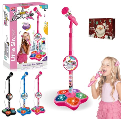 2026 New All-in-One Microphone Toy, Kids Microphone with Stand Adjustable, 5-in-1 Kid Star Microphones with Stand, with Music & Light, Speaker & Echo Effects, Christmas Birthday Gift (Pink)
