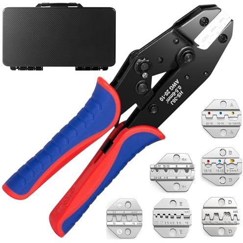6-teilig Crimpzange Set Wechselbacken, für isolierte & nicht isolierte Kabelschuhe, Schrumpfschläuche, Aderendhülsen, Ratschen-Crimpzange ideal für Elektroarbeiten, Heimwerkerprojekte
