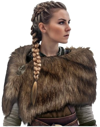 Generisch Wikinger Kostüm Damen - Mittelalter Kleidung Wikinger Kunstfell Kragen Schal Stola Wikingerpelz Schulterfell Fell Schulterüberwurf für Halloween Karneval Party Cosplay (00 Gold, One Size)