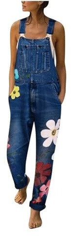 Generisch Salopette da donna, in jeans, stile vintage, largo, con fiori, in denim, con salopette verde