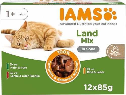 IAMS Delights Land Collection Katzenfutter Nass - Multipack mit Fleisch Sorten (Lamm, Rind, Huhn & Pute) in Sauce, Nassfutter für Katzen ab 1 Jahr, 12 x 85g