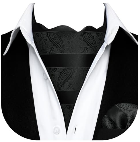 HISDERN Krawattenschal Schwarz Herren Paisley Hochzeit Ascot Krawatte Taschentuch Business Blumen Halstuch und Einstecktuch Set