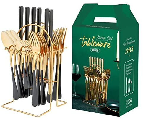 Set De Couverts De Cuisine 24 PiÈCes, Acier Inoxydable 430, Couverts Pour 6 Personnes, Set De Couverts Unique Avec Support De Suspension, Boîte Cadeau (Or noir)