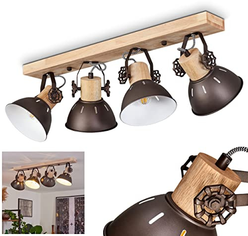 HOFSTEIN Deckenleuchte Orny, verstellbare Deckenlampe aus Metall/Holz in Braun/Weiß/Natur, Leuchte im Industrial/Retro/Vintage-Design, Lichteffekt, 4 x E27, Wohnzimmer, Esszimmer, Schlafzimmer, Küche