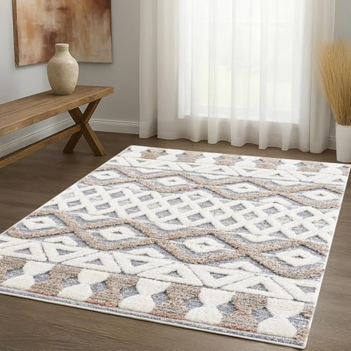 payé Teppich Wohnzimmer Hochflor - 120x170cm - Ethno - Cream Multi - Modern Raute Meliert Muster Skandinavisch Flauschig Wohnteppich Schlafzimmer Dekoration
