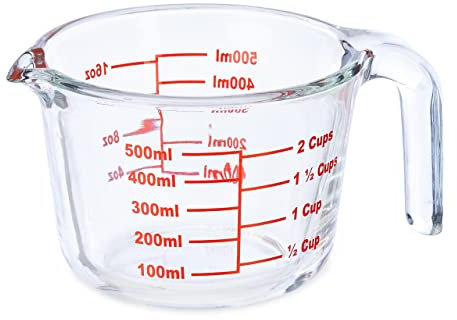 Relaxdays Messbecher Glas, 500 ml, hitzebeständig, mikrowellengeeignet, Skala in Milliliter, Cups, oz, Transparent, Rot, 9 x 13 x 17.5 cm
