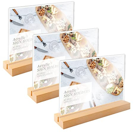 3 Pack Landscape Menu Holder A5 Acrylic Poster Menu Holder for Tables Wooden Base, Acrylic Sign Holders A5 Acrylic Stands for Display, A5 Horizontal
